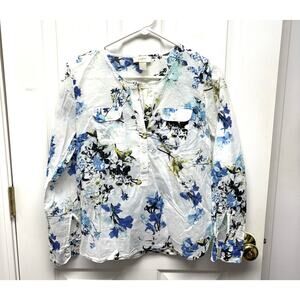 Loft Floral Blouse White Blue 1/2 Button Up Long Sleeve 100% Cotton Woman's XS